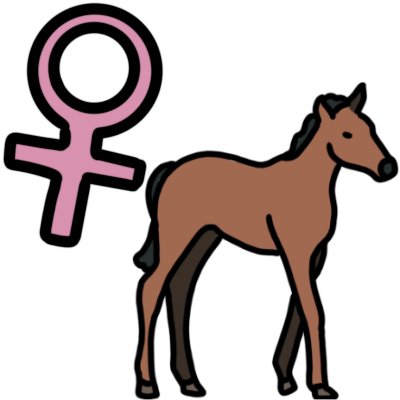 a thin brown horse foal with black mane and tail, facing the right. to the top left is light pink venus symbol.